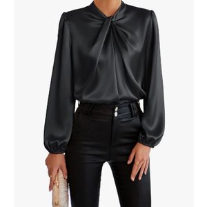 GRACE KARIN Women's Satin Silk Blouse Mock Neck Long Sleeve Fall Blouses 2024 Elegant Casual Office Work Dressy Shirts Tops Black L