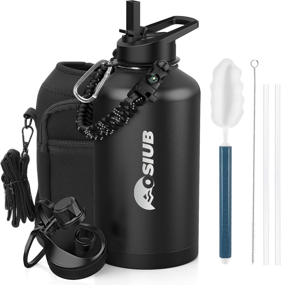 Insulated Water Bottle 64 oz, Triple Wall Vacuum Stainless Steel(Cold for 48 Hrs),Leak Proof & BPA-Free,Half Gallon Water Bottle with Reflective Paracord & Flip Straw for Sports & Travel, Black