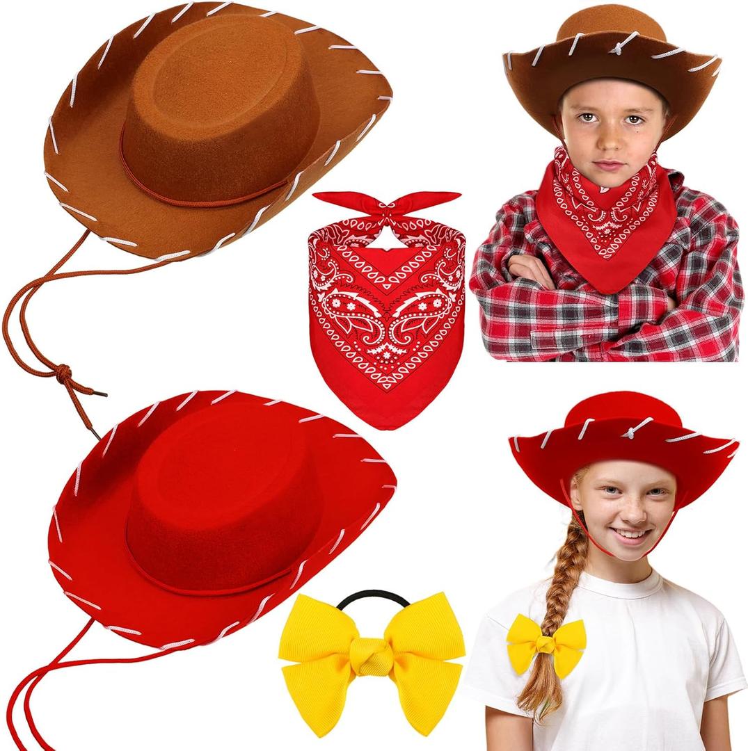 Hercicy 4 Pcs Kids Cowgirl Cowboy Hat Bow Bandana Classic Cartoon Movie Costume Western Costume Accessories for Kids Halloween Cowboy Cosplay