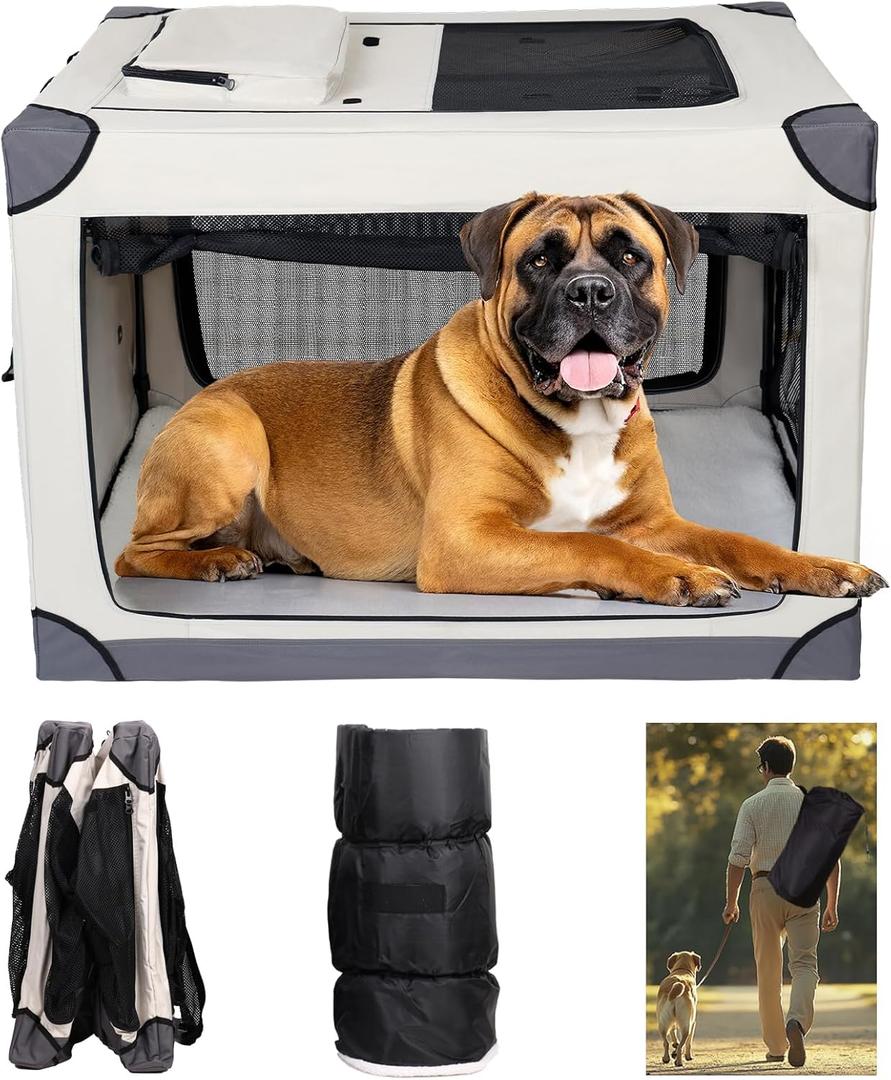 42 Inch Foldable Dog Crate - Portable Puppy Travel Crate Kennel for Large Dog, 4-Door Pet Crate with Mesh Windows, Indoor & Outdoor