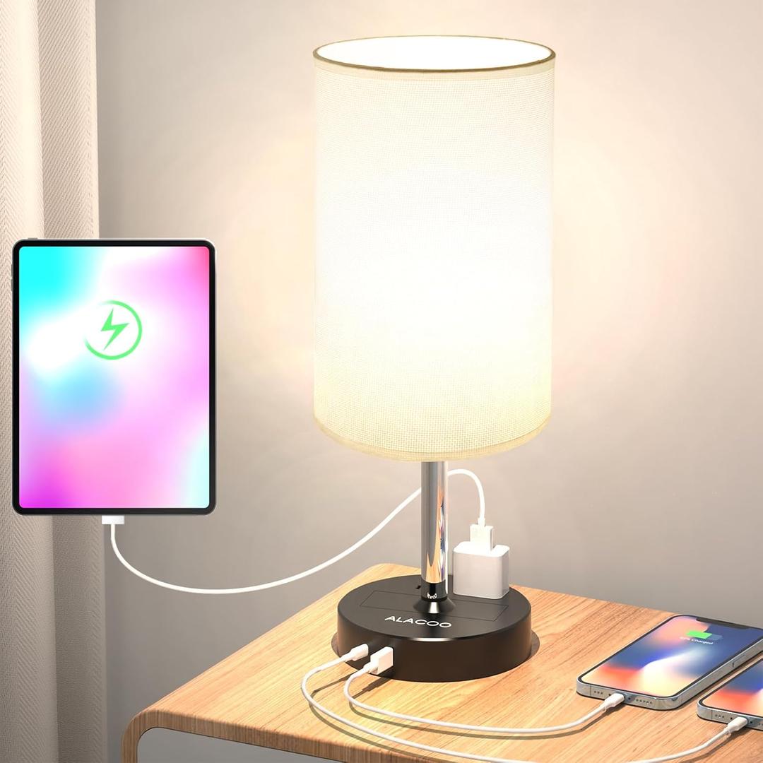 Small Bedside Table Lamp for Bedroom - 3 Way Dimmable Touch Lamp with USB Charging Station and AC Outlet, Wood Base & Fabric Linen Lampshade for Office, Living Room, Dorm, Black-White, (LED Included)