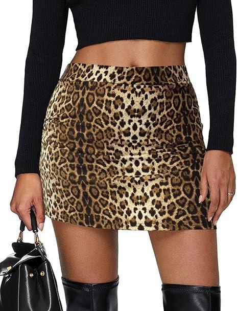 Women's Leopard Print Mini Skirt Short Skorts Elastic Waistband Sexy Bodycon Pencil Cheetah Club Skirts with Shorts, XL, Small Yellow Leopard