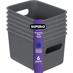 Decorative Plastic Basket Open Home Storage Bins Organizer Baskets, Small Grey (6 Pack) Container Boxes for Organizing Closet Storage Bins for Shelves Drawer Shelf - Ribbed Collection 1.5 Liter