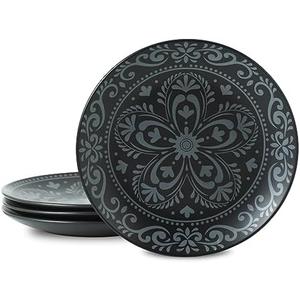 YELLOYA Ceramic 8-inch Dessert Plates - Set of 4 Porcelain Salad Plates for Serving Dinner, Pizza, Pasta, Snacks and Appetizers with Blue Print Design