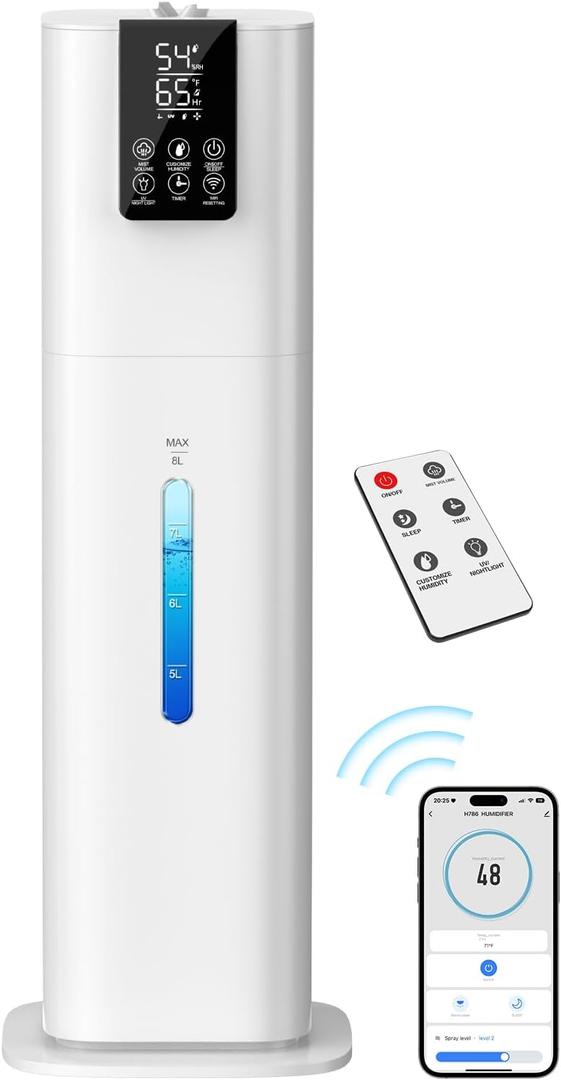 Smart Humidifiers Large Room Bedroom Home,2.11Gal(8L) Quiet Top Fill Cool Mist Humidifier,Smart App & Remote Control, 3 Speed Humidifier with 360Nozzle,Humidity Setting for Baby Office Plant(White)