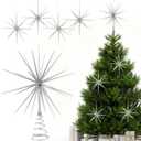 Leinuosen 5 Pcs Glitter Starburst Christmas Ornaments Include 4 Pcs 8'' Exploding Star Hanging Tree Ornament with a Large 13.7'' Starburst Christmas Tree Topper Xmas Holiday Tabletop Decor(Silver)