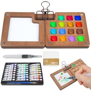 Mini Paint Palette Travel Kit,Mini Travel Watercolor Palette Set,Pocket Artist Acrylic colour Sets with Watercolor Pens,Binder Clips, Include 24 Colors Paint for Beginners Artists