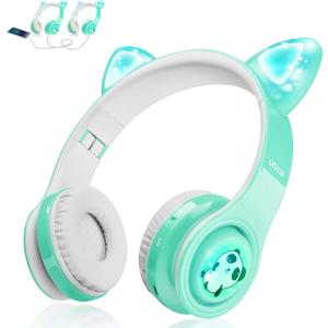 Woice Kids Bluetooth Headphones, Cat Ear LED Light Wireless Foldable Headphones Over Ear with Mic, Music Sharing Function and 0-85dB /110dB Limited for iPhone/iPad/Smartphones/Laptop/PC(Mint)