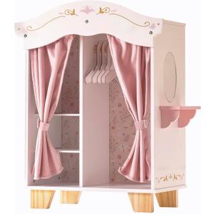 ROBUD Wooden Play Armoire Closet for Dolls, Doll Closet Furniture Wardrobe with 5 Hangers, Mirror, Velvet Curtains, Fits 1620 Inch Dolls & Doll Clothes, Gift for Boys & Girls Ages 3+, Small