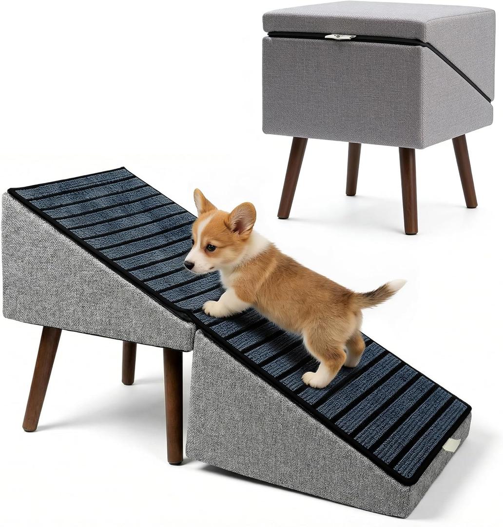 2-in-1 Dog Ramp and Stairs for Bed and Couch, 17 Inch High,Foldable Ottoman Ramp with Non-Slip Replaceable Carpet, Joint Relief for Small and Large Dogs