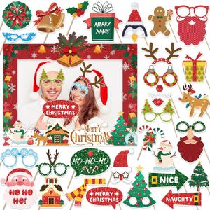 HOWAF 30 Pcs Christmas Photo Booth Props Party Decorations with Photo Frame, Funny Santa Gingerbread Photo Props for Xmas Holiday Party Decoration, Xmas Selfie Frame Photo Props