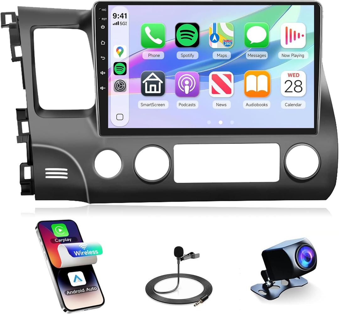 8Core 4G+64G Rimoody Android 15 Car Stereo Radio for Honda Civic 2006 2007 2008 2009 2010 2011, Wireless CarPlay Android Auto GPS 5G-WiFi Bluetooth 5.0 10.1 Inch Screen FM/RDS EQ Backup Camera