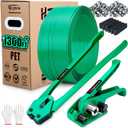 Banding Strapping Kit, Heavy Duty Pallet Packaging Kit with> 1500 lbs 5/8" x 1300' PET Strapping Roll, 300 Metal Seals, 100 Corner Protectors, Strapping Tensioner, Banding Sealer Tool