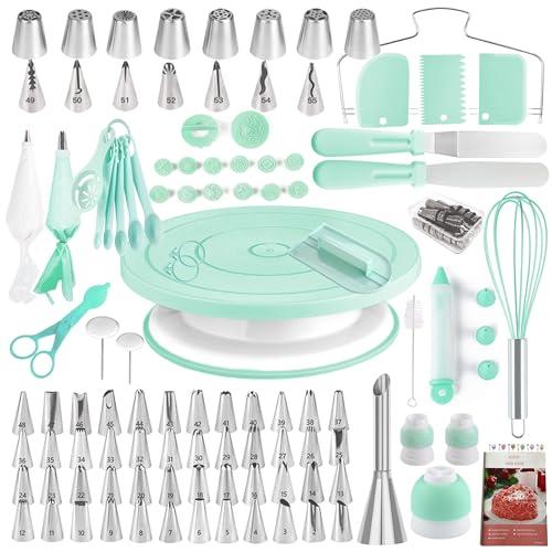 Cake Decorating Kit,137pcs Cake Decorating Supplies with Cake Turntable for Decorating,Pastry Piping Bag,Russian Piping Tips Baking Tools, Cake Baking Supplies for Beginners(Green)