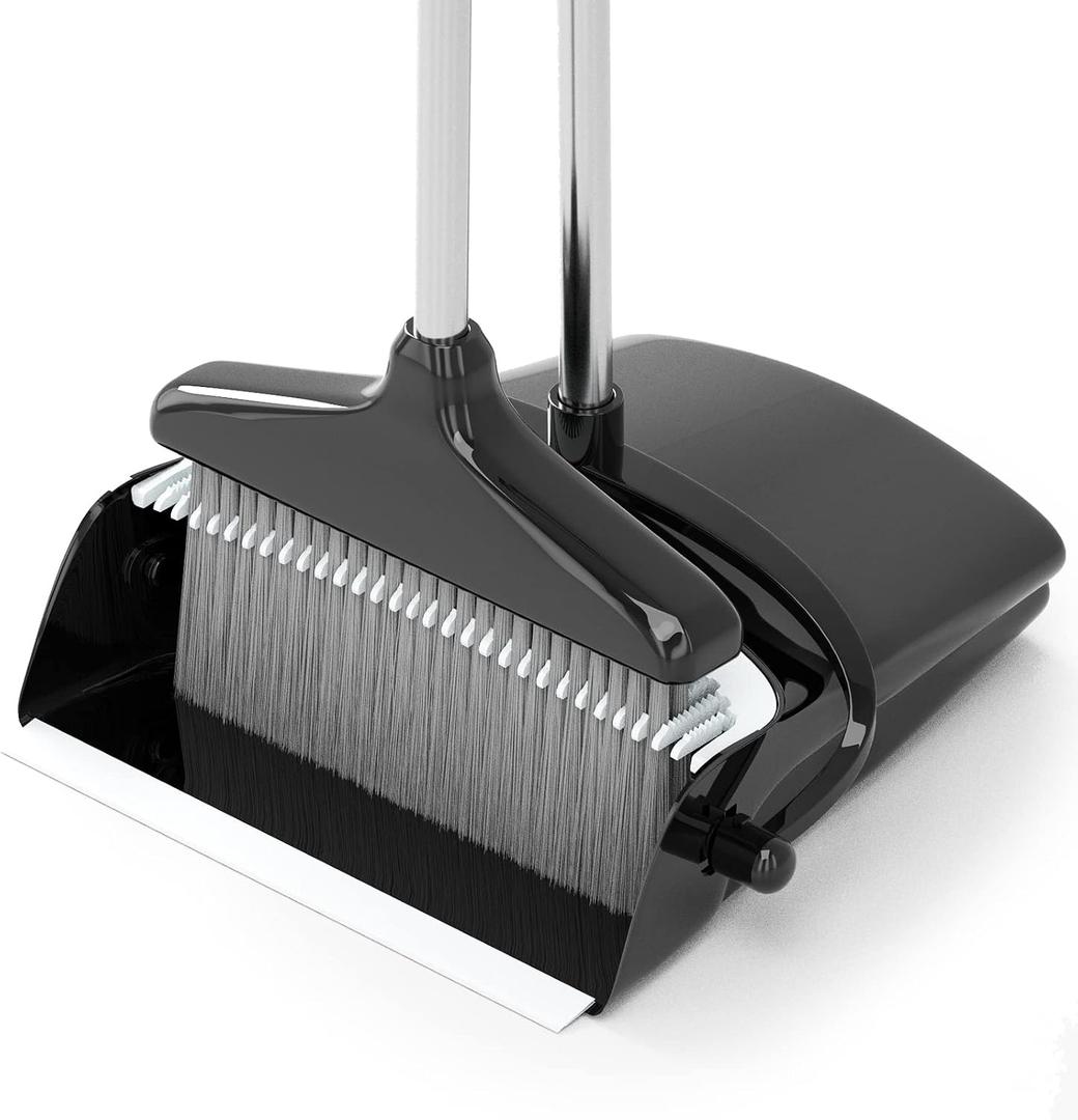 Broom with Dustpan Combo Set 54 Long Handle Household Dust Pan for Home Office Kitchen Cleaning Black & Grey