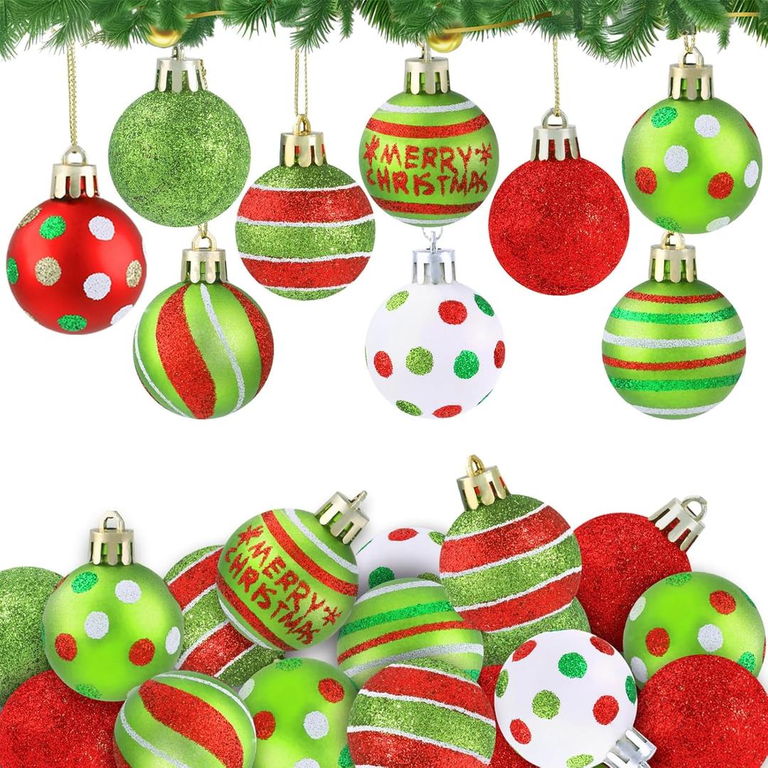 Celltestria 36pcs Mini Christmas Balls Ornament 1.57 Inch Red Green Glittering Little Xmas Balls for Tree Decoration Swirl Candy Cane Tiny Christmas Baubles for Home Indoor Holiday Party Decor