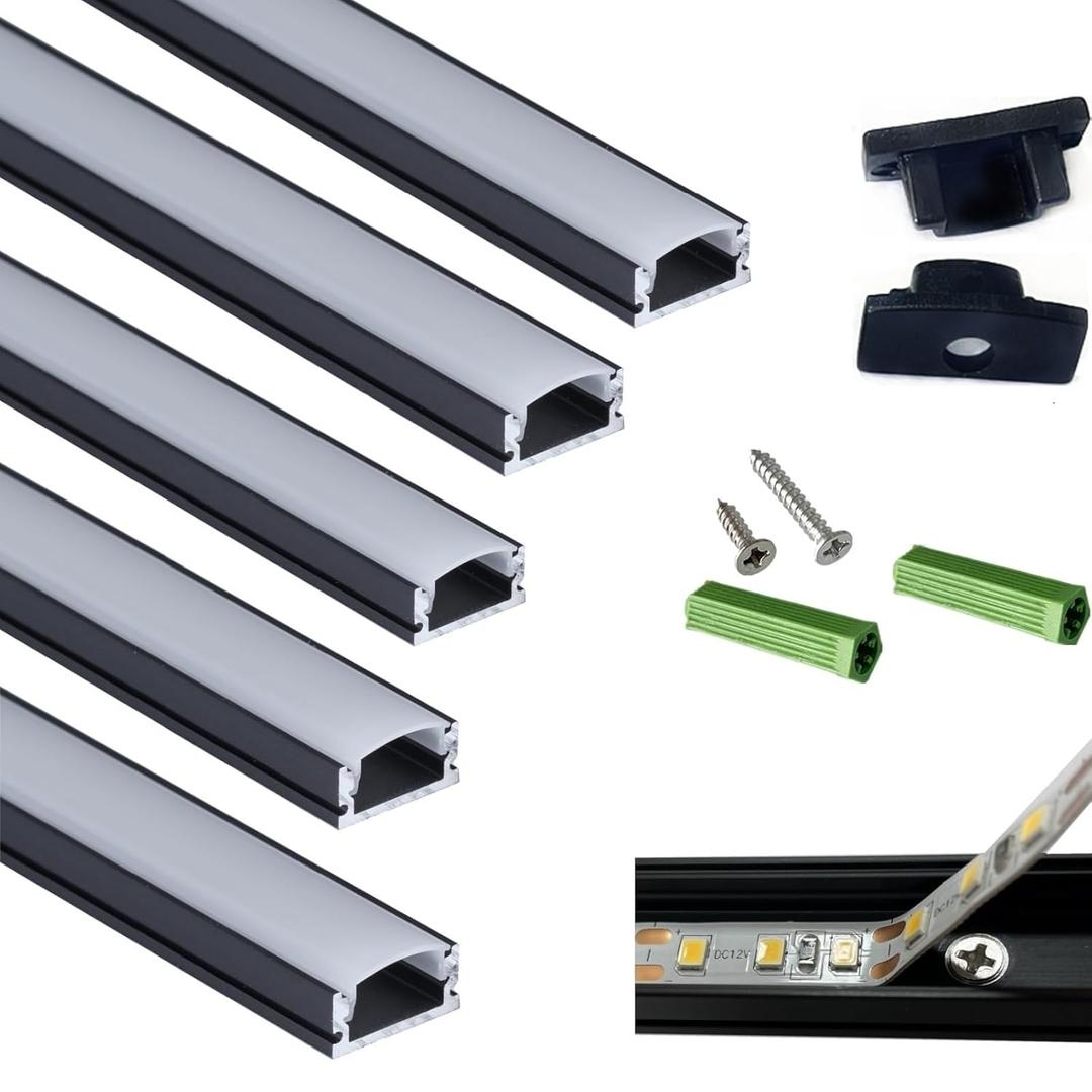 5-Pack 3.28FT Pre-Drilled Countersunk Hole LED Strip U Channel Diffuser, Matte Black Flush Mounted Under Cabinet Tape Light Aluminum Low Profile with Milky Cover (5, 3.28FT)