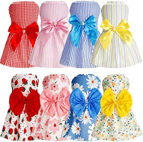 Sanwuta 8 Pieces Dog Bowknot Dresses Puppy Clothes Outfits Princess Dresses Soft Lightweight Summer Fruit Floral Pattern Pet Skirts for Girl Puppy(Large)