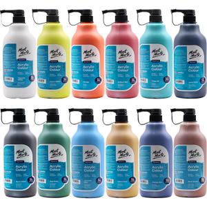 Mont Marte Signature Acrylic Color Paint Set, 33.8oz (1L), Semi-Matte Finish, 12 Colors, Suitable for Canvas, Wood, Fabric, Leather, Cardboard, Paper, MDF and Crafts, 33.81 Fl Oz