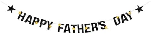 Happy Father's Day Glitter Black Beer Bunting Banner for Dad Father's Party Decorations Backdrop Garland for Father's Day (Black Gold Star)