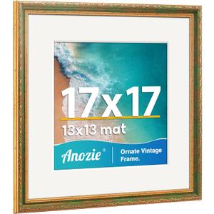Vintage 17x17 Picture Frame, Antique Gold Photo Frames with Plexiglass Front,Ornate Square 17x17 Frame Display 13x13 with Mat or 17 x 17 Picture Frame Without, Wall Décor,1 Pack,Green