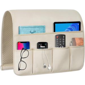 Remote Control Holder for ArmchairCouch Caddy Organizer TV Remote Holder for Bed Storage 5 PocketsRemote Caddy Bedside Organizer Bedside Table Organizer (Beige, 35''x18'')