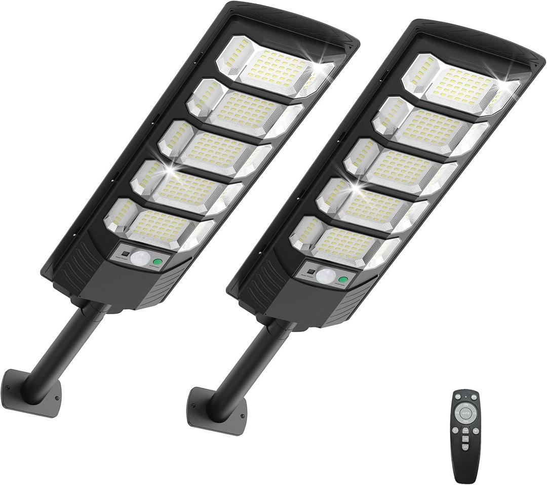 2Pack 6500K Solar Street Lights Outdoor Dusk to Dawn, 240PCS 5730LEDs Solar Light Outdoor IP67Waterfroof, Security Street Lights Motion Sensor with Remote Control for Parking lot, Yard