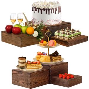 6-Pack Wood Risers Display Stands, Multi-Height Food Risers for Buffet Table, Rustic Wooden Cake & Cupcake Stands for Party, Birthday, Wedding, Halloween Decor