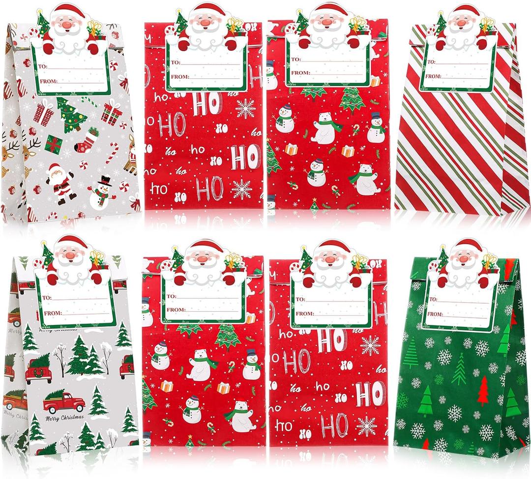 Blosssound 30 Pack Winter Paper Gift Bags Blue Wonderland Treat Bags with Name Stickers Christmas Candy Cookie Craft Party Favors Holiday Festive Home Party Decor Supplies(Christmas)