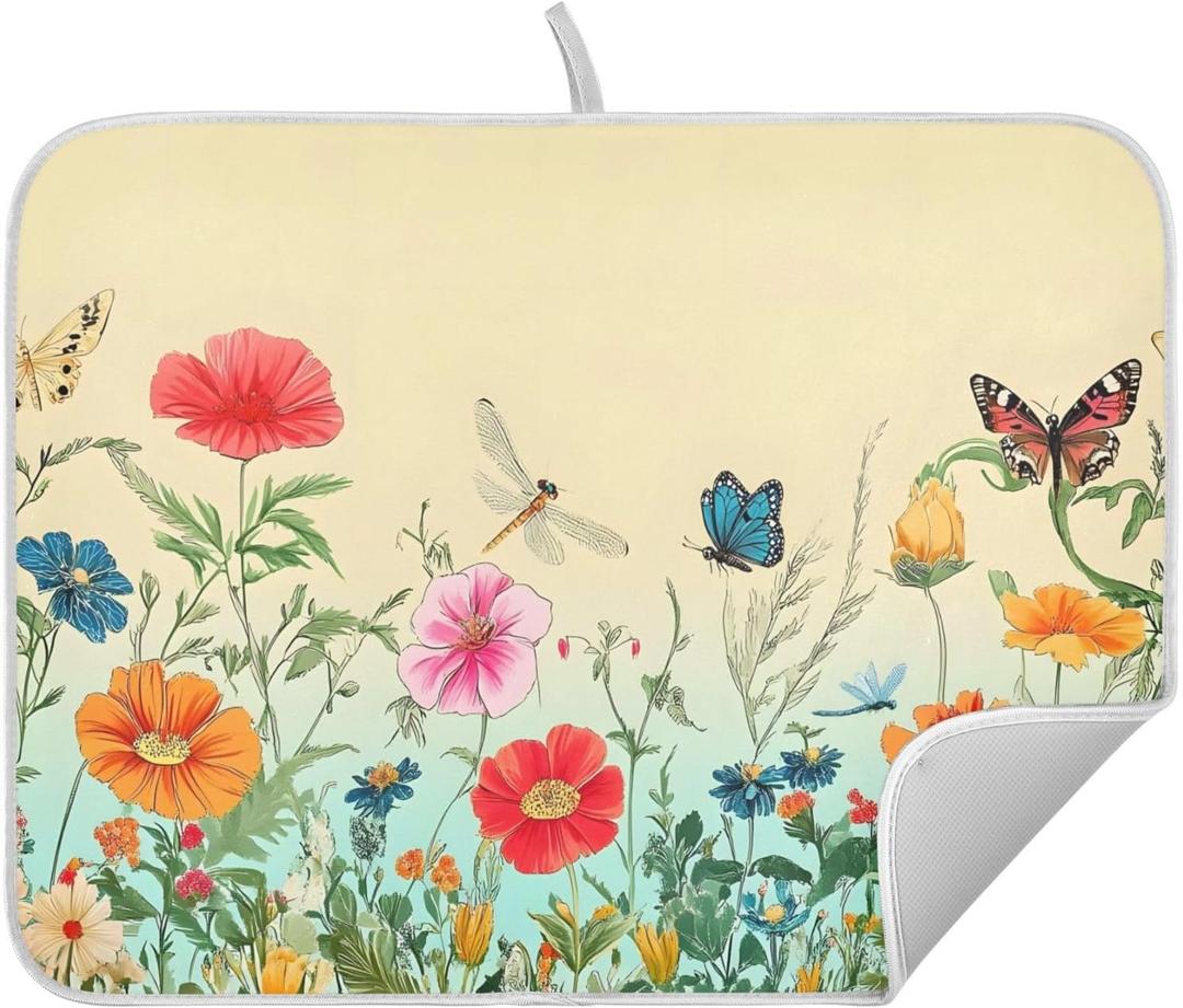 Dragonfly Butterfly Tulip Flower Dish Drying Mats for Kitchen Counter Absorbent Microfiber Dish Drying Matt 16 x 18 Inch Draining Reusable Rack Pad (Mult6)