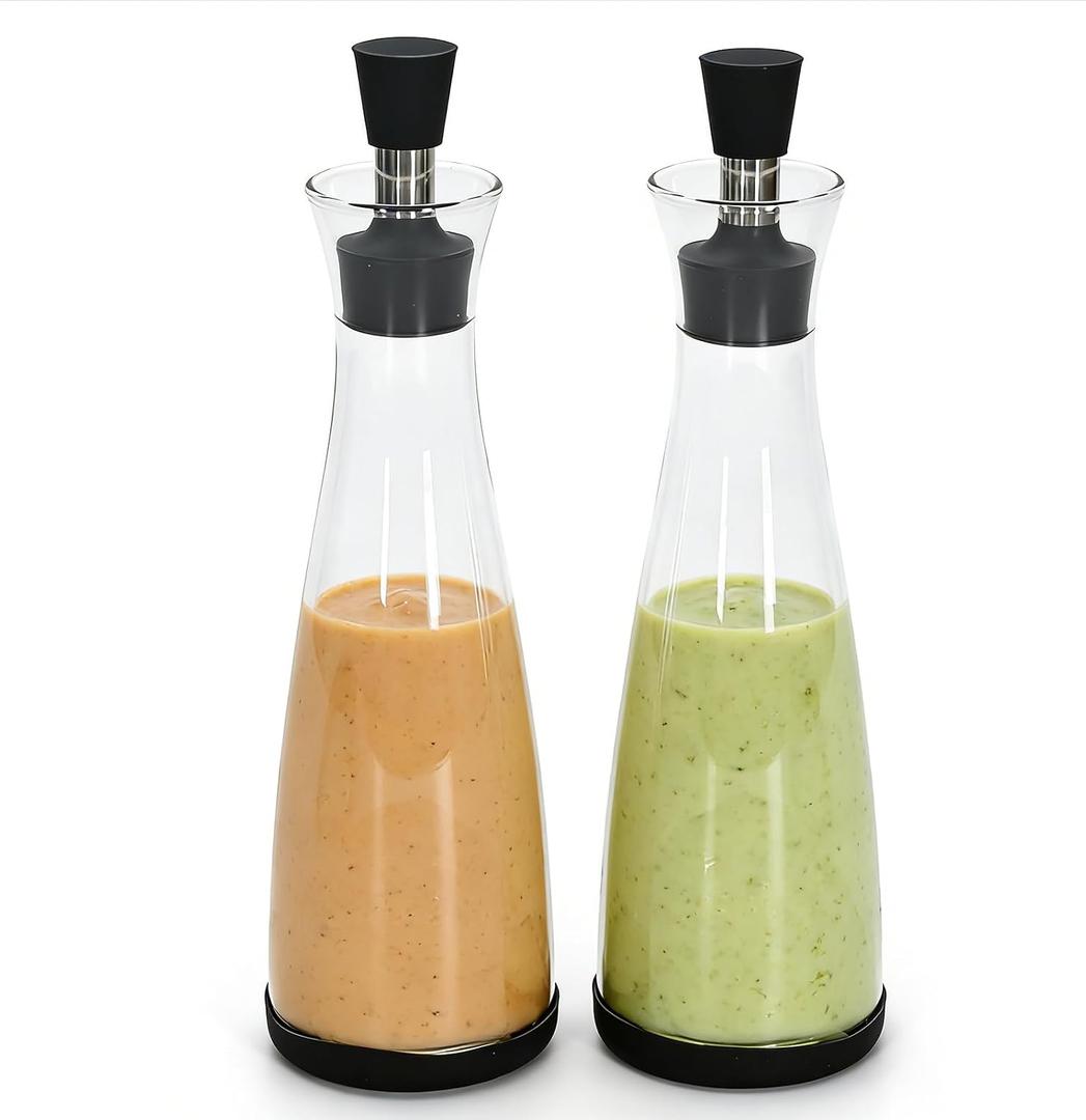 2 Packs Glass Salad Dressing Bottles, Leak-Proof Oil Dispenser for Kitchen, High Borosilicate Glass Sauce Bottles with Non-Slip Base for Salad, Cooking, and Condiments