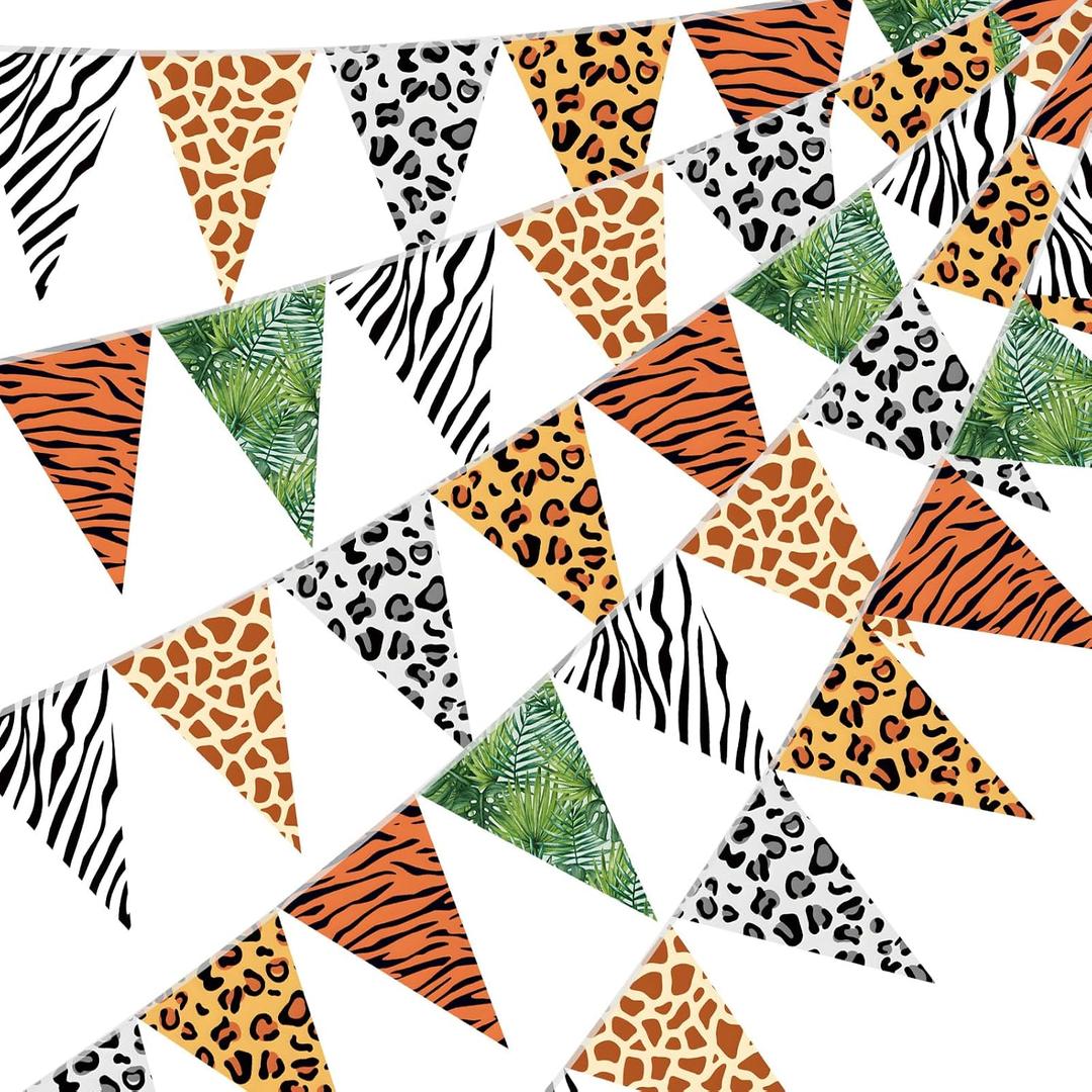 Tiamon 4 Pcs Jungle Zoo Animal Print Decoration Safari Birthday Banner Wild Animal Print Pennant Bunting 49.2 Ft Triangle Flag for Bulletin Board Classroom Decoration Safari Two Wild One Party Supply