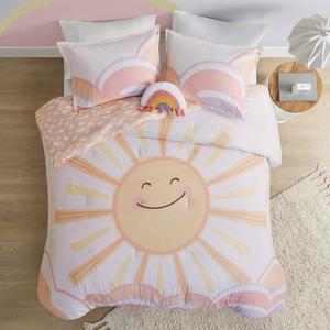 Intelligent Design Kids Comforter Sets, Sun, Smiling Emoji, Rainbow & Clouds Cartoon Reversible Print, Down Alternative, All Season Bedding, Matching Sham, Toss Pillow, Twin Yellow/Coral 3 Piece