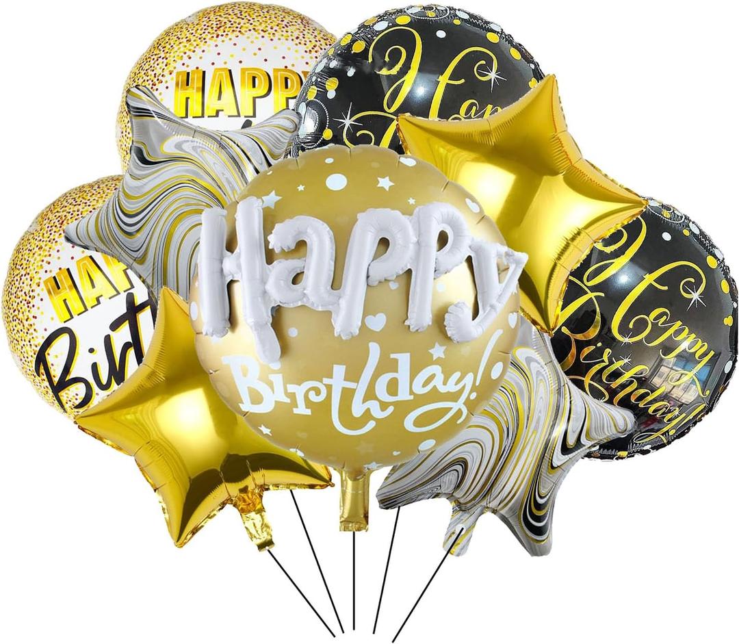 8PCS Happy Birthday Foil Balloons 18inch Black Gold Round Aluminum Mylar Balloon Inflatable Balloons for Birthday Party Decorations Supplies
