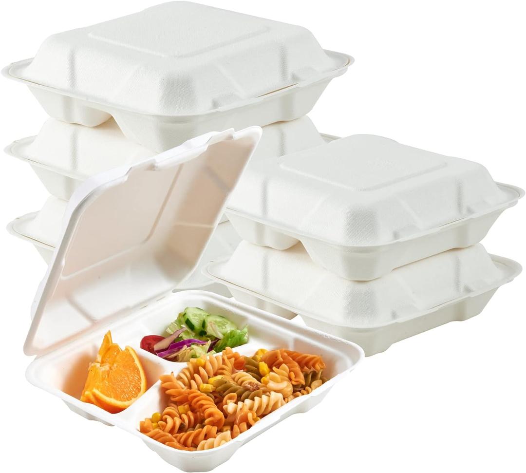 ECOLipak 50 Pack Clamshell Take Out Food Containers, 100% Compostable Disposable To Go Containers, 8X8 inch 3-Compartment Heavy-Duty To Go Boxes ECOLipak 50 Pack Clamshell Take Out Food Containers, 100% Compostable Disposable To Go Containers, 8X8 inch 3-Compartment Heavy-Duty To Go Boxes