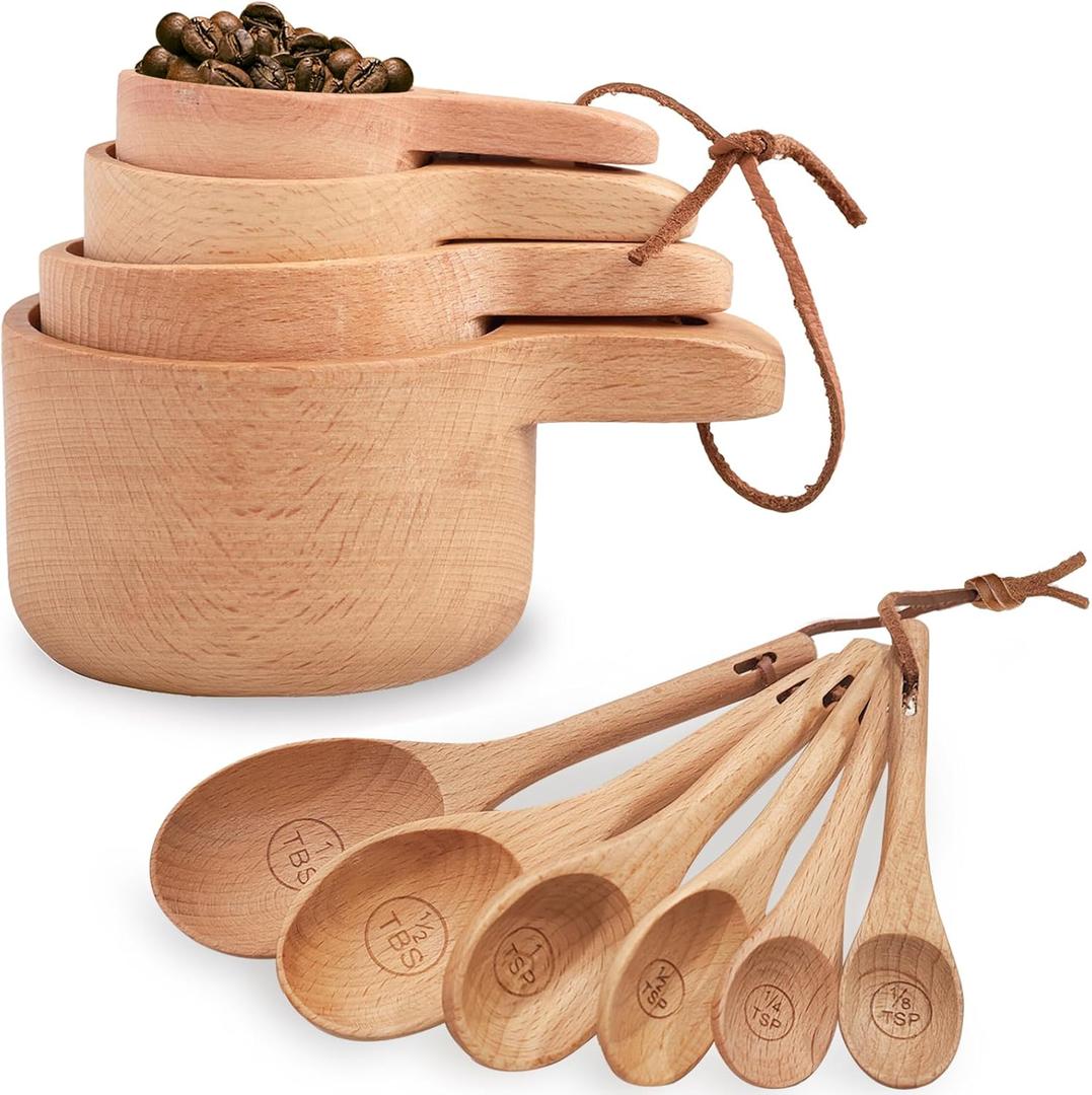 10 Piece Measuring Cups and Measuring Spoons Set, Handcrafted Wood Measuring Cups with Tablespoon Teaspoon Measuring spoons for Dry Ingredients, Natural Wooden Measuring Set for Cooking Baking