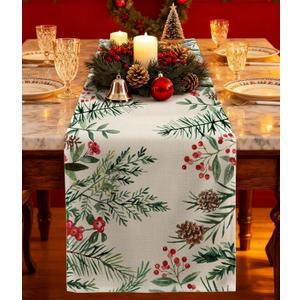 Christmas Table Runner Holly Berries - 13x72 Watercolor Winter Table Runner with Holly Pine Cone Needle Xmas Decor, Vintage Farmhouse Rustic Winter Decoration for Home Kitchen Dinner Party