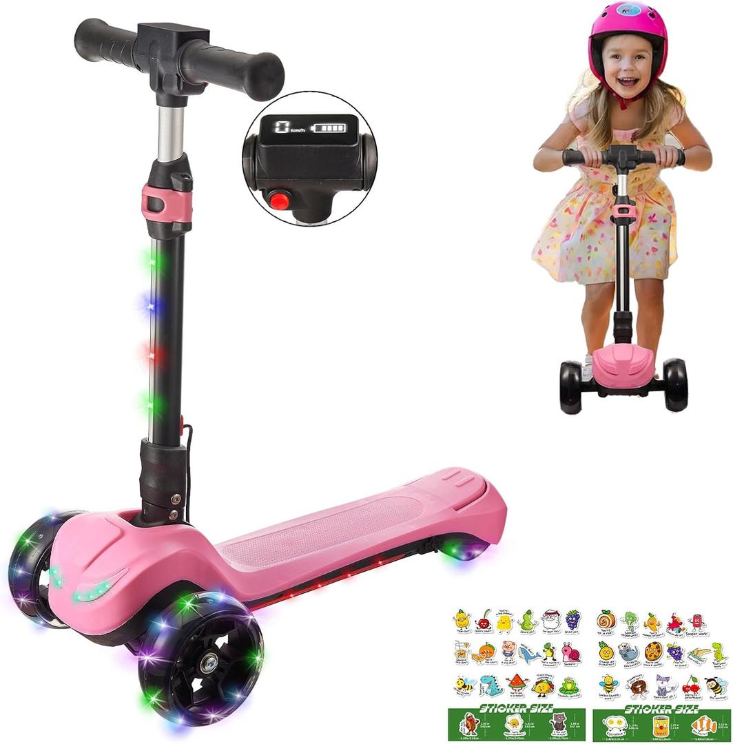 3 Wheel Electric Scooter for Kids Ages 3+, LCD Display, Colorful Lights, Reliable Thumb Throttle, 3 Adjustable Height, 5Mph Safe Speed and Long Range, Foldable Kids Electric Scooter (Pink-02)