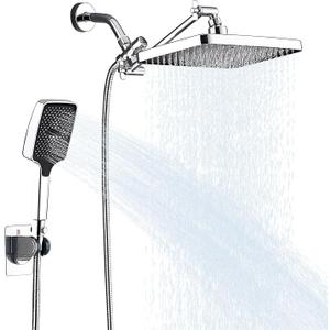 Shower Head with Handheld Water Spra High Pressure Showerhead Combo with Arm for Bathroom Accessorie Home Decor Adjustable Dual Shower with Anti-Clog Nozzles Silver Chrome
