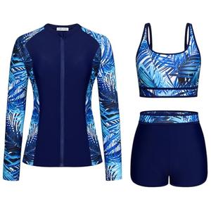 Womens Rash Guard Swimsuits Long Sleeve UV UPF 50+ Sun Protection Printed Zipper Surfing Three Piece Swimsuit Bathing Suit Blue Leaf XL