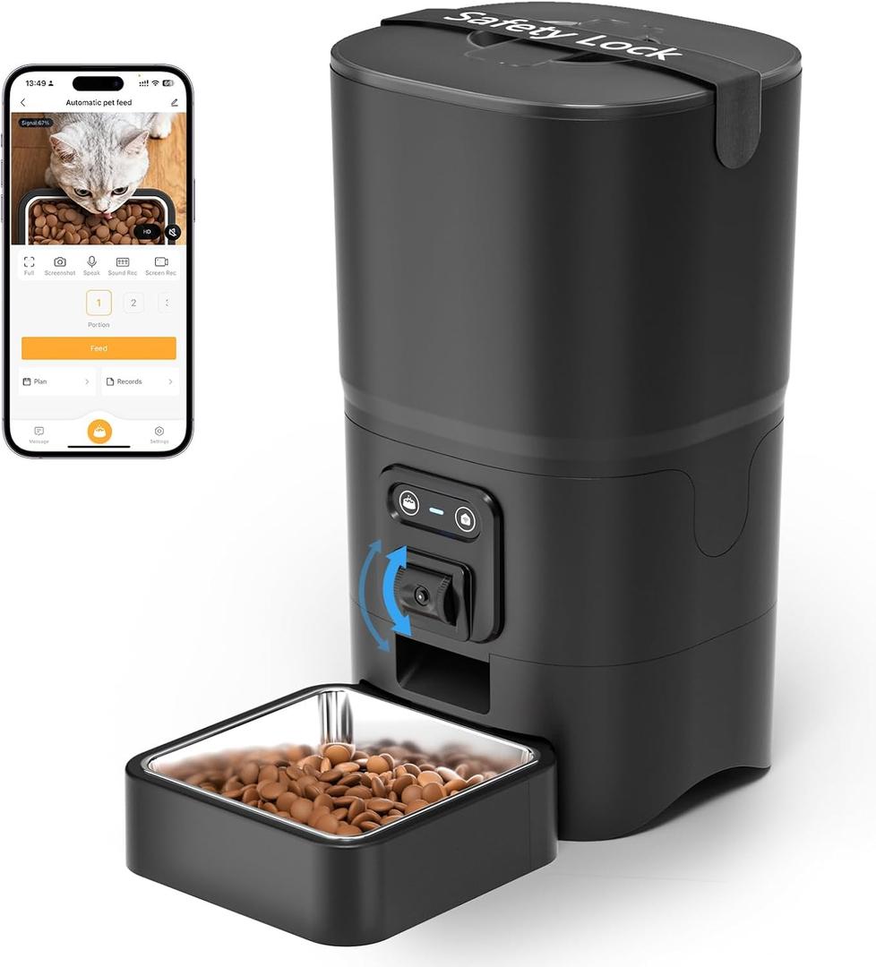 PAPIFEED Automatic Cat Feeder 6L 2.4G WiFi Smart Pet Feeder with Camera & Two-Way Audio, Adjustable Angle, Easy to Clean Detachable Feeding Schedule 1-10 Meals Per Day for Cats & Small Dogs - Black