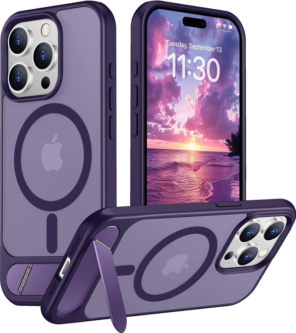 Temdan Magnetic Compatible with iPhone 15 Pro Case, [Built-in Invisible Kickstand][Compatible with MagSafe] [Military Grade Shockproof] Slim Translucent Matte Phone Case for iPhone 15 Pro 6.1" (Purple)