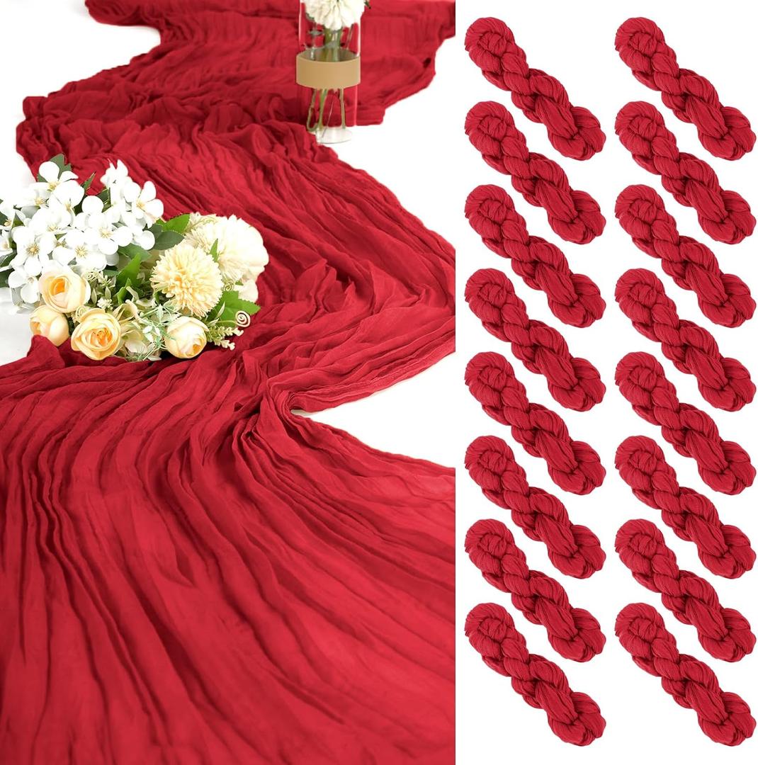16 Pack Cheesecloth Table Runner Red, 35 x 70 Inch Gauze Cheese Cloth Table Runner Rustic Boho Wedding Table Runner for Wedding Birthday Party Bridal Shower Cake Table Decoration