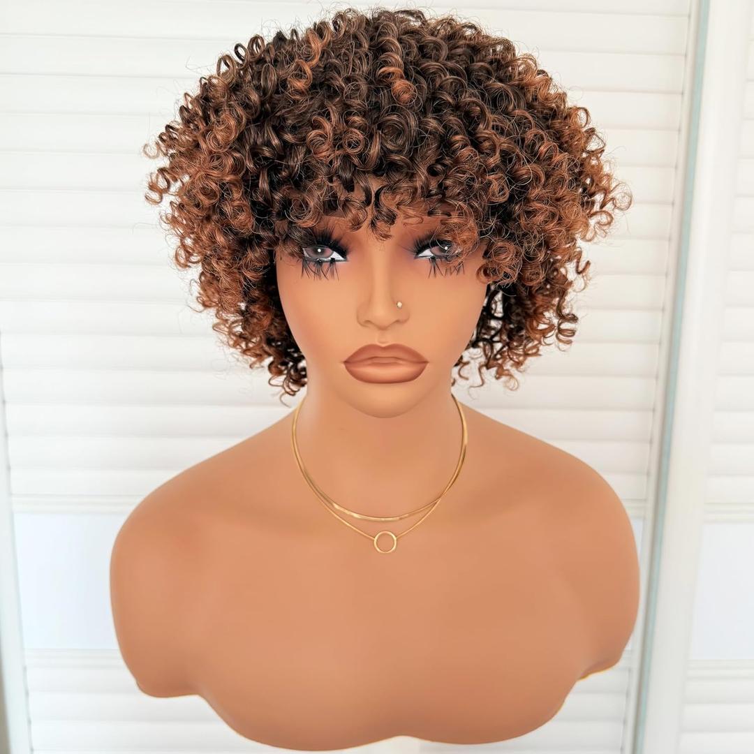 Short Kinky Curly Bob Wig with Bangs 6 Inch Ombre Brown Afro Wigs for Black Women Full and Soft Heat Resistant Synthetic Fiber Throw and Go Wig