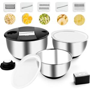weltonhm Mixing Bowls with Lids Set,Pack of 3 Stainless Steel Nesting Bowls with Grater Airtight Lids Non-Slip Bottoms for Slicing,Shredding,Grating,Mixing,Cooking,Baking(Black)