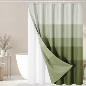 Shower Curtain and Liner, Sage Green Ombre Striped 3 in 1 Shower Curtain and PEVA Liner Set with 12 Rust-Resistant Metal Hooks, Waterproof Fabric Shower Curtains for Bathroom, 72 W x 72 H