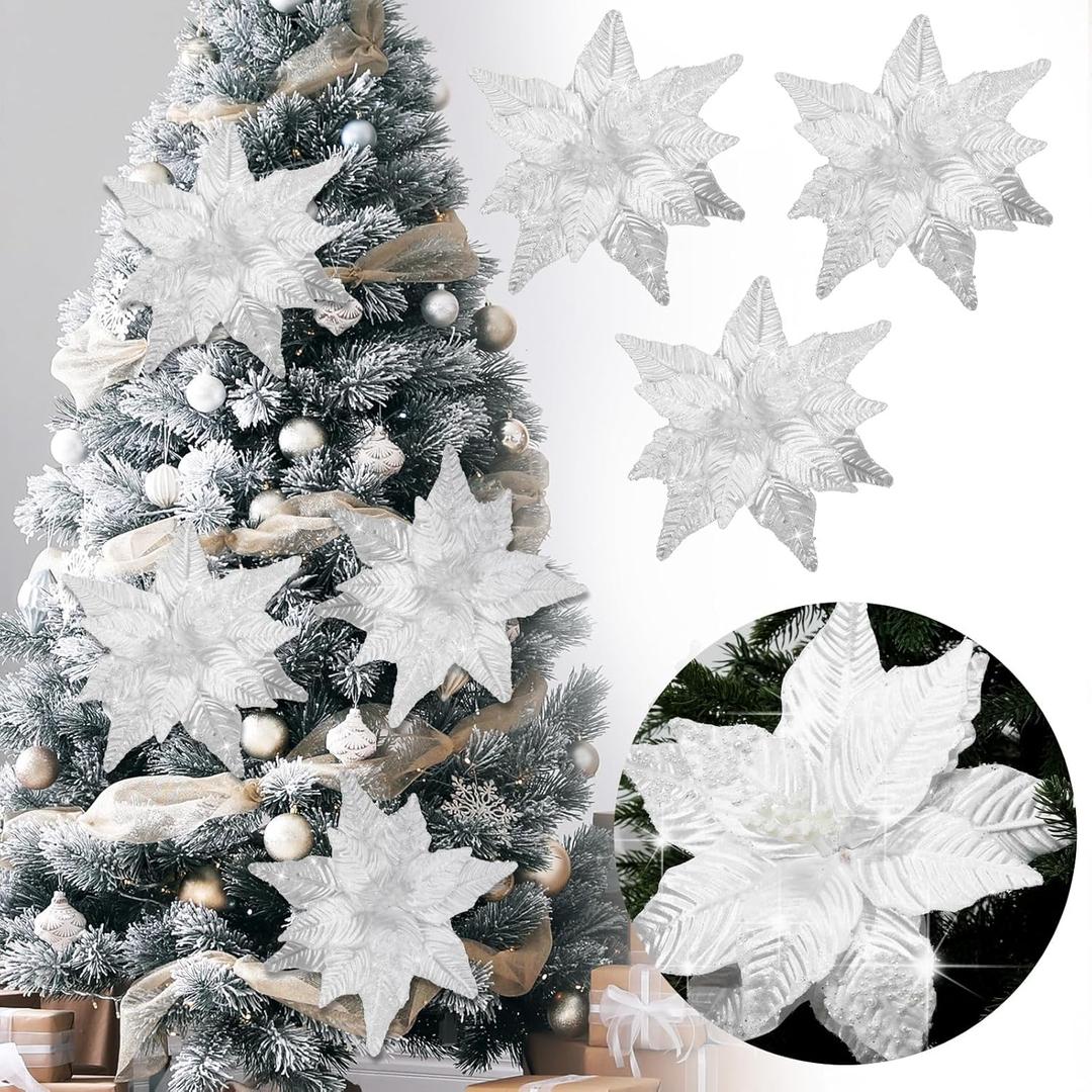 Soulchen 4 Pcs Large White Pearl Poinsettia Christmas Flowers Picks 11 '' Artificial Glitter Poinsettia Floral with Stem for Xmas Winter Tree Garland Vase Wreath Decoration Supplies
