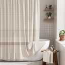 AmazerBath Boho Shower Curtain, Modern Farmhouse Shower Curtain Set with Tassels, Rustic Faux Linen Pink Striped Shower Curtain with Hooks, Light Tan Toned, 72x72 Inches