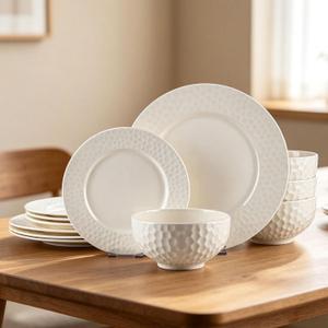 12-Piece Ceramic Dinnerware Set for 4, Water Cube Texture Dishes and Plates Sets, Includes Plates and Bowls, Minimalist High-Temperature Reinforced Porcelain, White