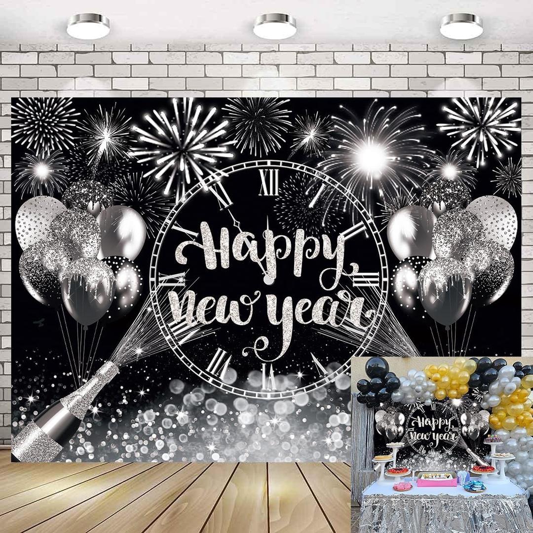 Black Silver Happy New Year Backdrop 2026 New Years Party Backdrop New Years Eve Annual Countdown Party Supplies Fireworks Glitter Dots Cheers to Family Party Decor Banner (70x40 inch (6x4FT))